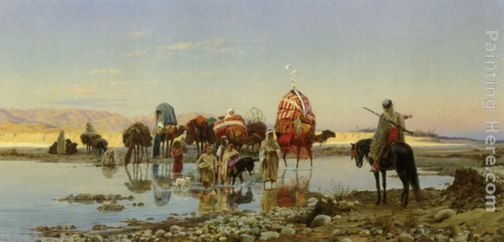 Eugene-Alexis Girardet Arab Caravan Crossing a Ford